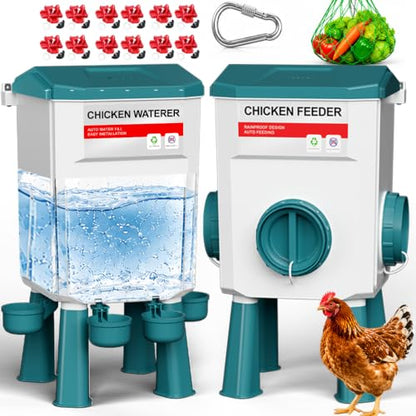 Chicken Feeder and Waterer Set, Automatic No Waste Poultry Feeding System, 26.5 lb Feeder & 11L Waterer, 4-in-1 Chicken Coop Kit with Vegetable Holder for Chickens, Ducks & Quail - size: 3 Gallon Upgraded