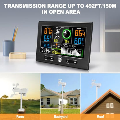 Urageuxy Wireless Weather Station Indoor Outdoor, Home Weather Stations with Rain Gauge, Wind Speed/Direction, Temperature, Humidity, Moon Phase, Weather Forecast, Barometer Pressure - color: Black