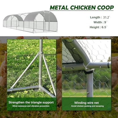 Large Metal Chicken Coop Round Top Upgrade Tri-Supporting Wire Mesh Chicken Run,Chicken Pen with Water-Resident and Anti-UV Cover,Duck Rabbit House Outdoor (Dome Roof 31.2'L x 9'W x 6.5'H) - size: 374.4"L x 108.0"W x 78.0"H
