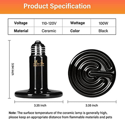 HealSmart Reptile Heat Lamp 100W Ceramic Heat Emitter, No Light Emitting Heat Bulbs for Amphibian Pet Brooder Coop Incubating Chicken, Lizard Bearded Dragon Turtle Snake Terrarium Black - size: 100 Watts, style: D-85mm (3.35") *1 Pcs