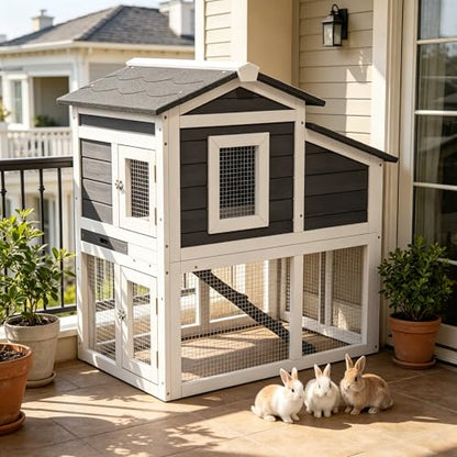 Wooden Rabbit Hutch Indoor,2 Story Bunny House All Weather Use Chicken Duck Coop Small Animal Run Cage with Removable Tray Wire Fence Lockable Doors and Ramp (White) - color: White