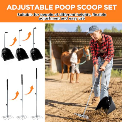 Maxdot 2 Sets Adjustable Manure Scoop and Shovel, Horse Dog Poop Scooper and Manure Rake, Adjustable Handle for Stables, Dog Kennel, Chicken Coop Cleaning & Garden Composting