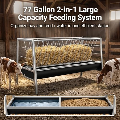 Heavy Duty Goat Feeder, 77 Gallon Stainless Steel Livestock Feeder, Anti-Waste Hay Feeder with Rubber Trough, 33.4 Inch Height for Goats, Calves, Sheep, Use in Barn, Pasture, Pigsty