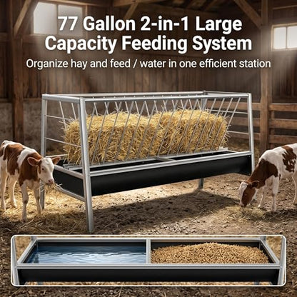Heavy Duty Goat Feeder, 77 Gallon Stainless Steel Livestock Feeder, Anti-Waste Hay Feeder with Rubber Trough, 33.4 Inch Height for Goats, Calves, Sheep, Use in Barn, Pasture, Pigsty