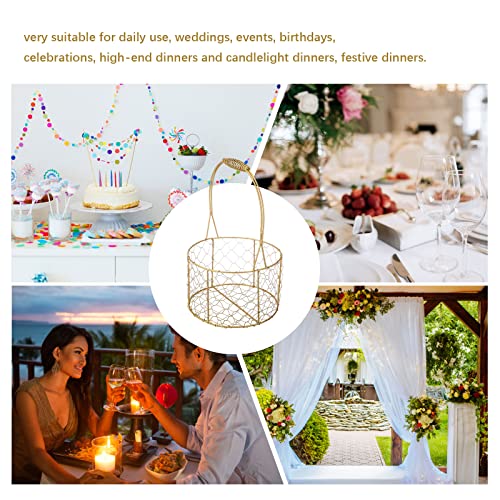 BestAlice 2 Pack Metal Wedding Basket with Handle, Portable Flower Basket, Rustic Flower Girl Basket, Gold Decorated Basket, Geometric Flower Girl Basket Gift Basket for Wedding Home Decor, Round