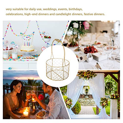 BestAlice 2 Pack Metal Wedding Basket with Handle, Portable Flower Basket, Rustic Flower Girl Basket, Gold Decorated Basket, Geometric Flower Girl Basket Gift Basket for Wedding Home Decor, Round