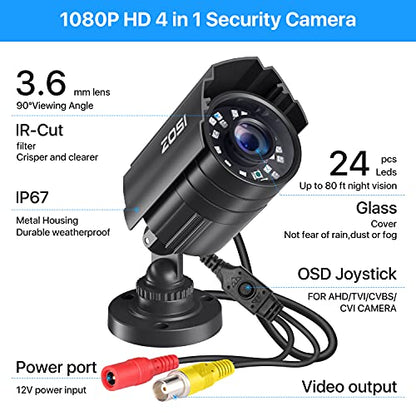 ZOSI 2.0MP 1080P HD 1920TVL Security Camera Hybrid 4-in-1 TVI/CVI/AHD/960H CVBS CCTV Camera Outdoor Indoor,80ft IR Night Vision,Weatherproof Bullet Camera For analog Surveillance DVR(Black) - size: 0CH+1Cam+0TB
