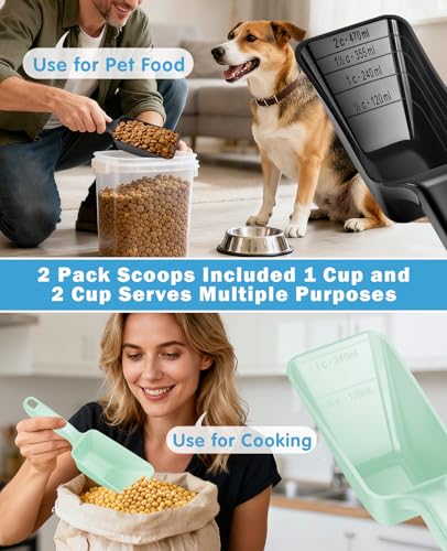 2-Pack Dog Food Scoop Set,1 Cup and 2 Cup Plastic Pet Food Measuring Scoops with Clear Measurement Lines,Multi-Purpose Pet Food Scooper for Dogs, Cats (Green and Black) - color: Green and Black