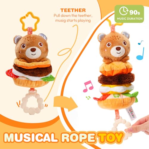 Jollybaby Baby Musical Pull String Hanging Toys for Stroller Car Seat Crib Play Gym, Plush Stuffed Hamburg Bear Toy for Carseat with Music Teether Crinkle, Sensory Toy for 0-6-12-18 Months Baby Gifts - style: Bear