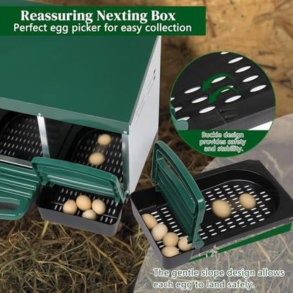 Chicken Nesting Boxes, Nesting Boxes for Chickens, Roll Out Chicken Nest Box, Metal Chicken Egg Laying Box with Swing Perch and Rollout Egg Collection for Chicken Coop - color: 2 Compartment