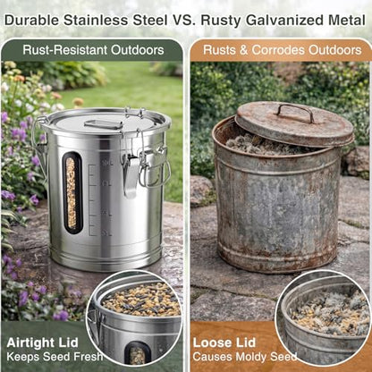 Gisafai 18 Lbs Wild Bird Food Seed Storage with Scoop Stainless Steel Transparent Window Measurement Scale Farmhouse Bird Food and Seed Locking Storage Bucket Bin Critter-Proof Bucket