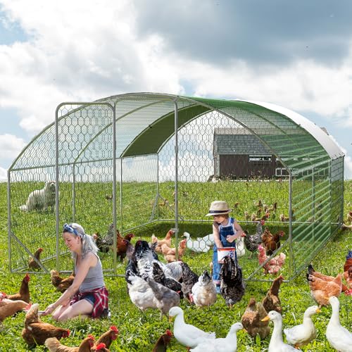 IDEALHOUSE Walk-in Chicken Run with Cover, Metal Outdoor Poultry Enclosure, 20 ft L x 10 ft W x 6.6 ft H, Waterproof and UV Cover, Spire Roof Design, for Yard and Farm Chickens Ducks - size: 19.7 ft L x 9.8 ft W x 6.6 ft H