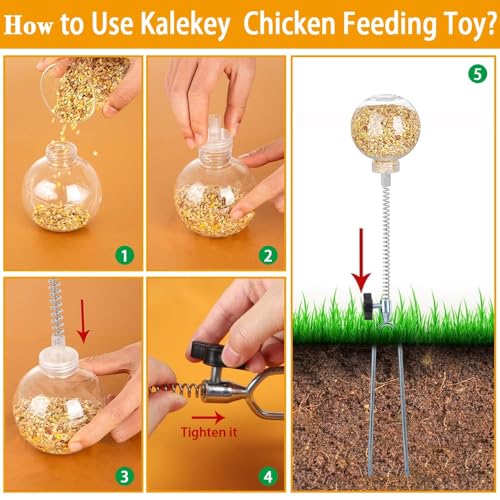 Kalekey 4 Pack Chicken Feeding Toy, Chicken Enrichment Toys with Spring and 11" Metal Ground Stake, Chicken Treat Dispenser Peck Toy Boredom Busters for Hens, Ducks, and Parrots