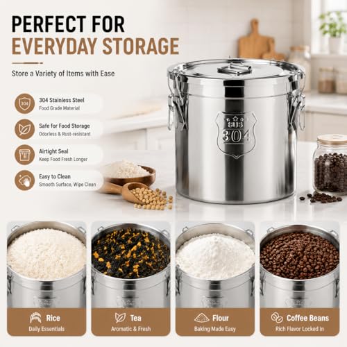 6L/1.31gal Stainless Steel Airtight Canister, Food Storage Canisters with Airtight Lid&Locking Clamp, Metal Cannister Withlid Rice Cereal Grain Canister Container Storager Bucket for Flour,Coffee Bean - color: 6L