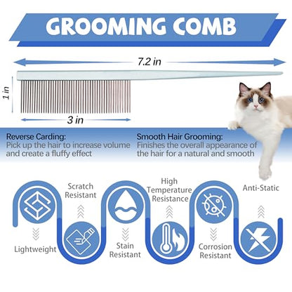 Grooming Pet Comb Rat Tail Dematting Cat and Dog Comb，Rounded Ends Design for Safe Tangle Removal, Hairstyling, Massage，Loose Hair Removal，Prevent Irritation，Fluffing Paws,Face,Tail,Remove Tear Stain - color: Light blue