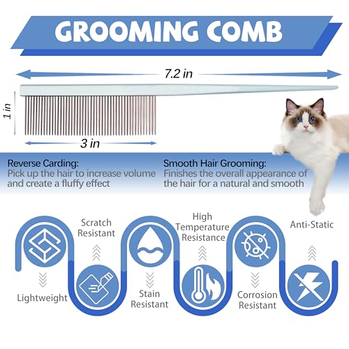 Grooming Pet Comb Rat Tail Dematting Cat and Dog Comb，Rounded Ends Design for Safe Tangle Removal, Hairstyling, Massage，Loose Hair Removal，Prevent Irritation，Fluffing Paws,Face,Tail,Remove Tear Stain - color: Light blue