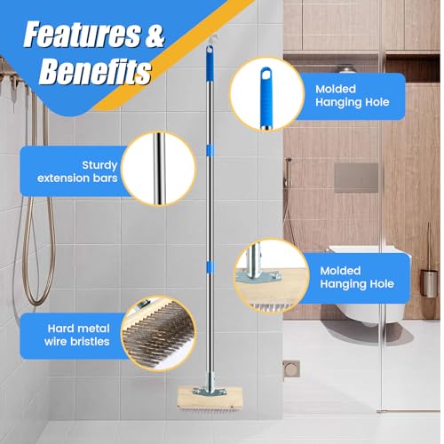 Stainless Steel Wire Floor Brush Wire Broom with 4 Section Detachable Long Pole Heavy Duty Wire Deck Brush Multipurpose Wire Cleaning Brushes for Rough Surface, Concrete Floor, Patio, Garden, Garage
