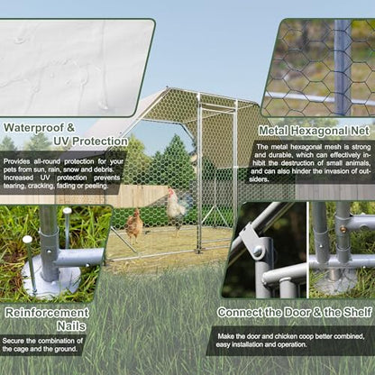 Large Metal Chicken Coop, Walk in Chicken Coops with Run, Heavy Duty Chicken Runs for Yard with Cover, Outdoor Farm Duck Rabbit Cage Poultry Pen (9.94 ft x 6.46 ft)