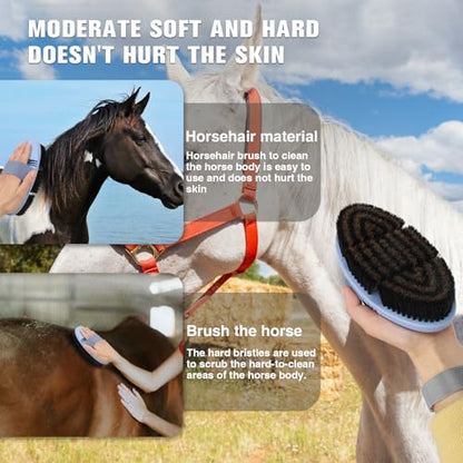 Horsehair Horse Brush for Grooming Flexible Horse Finishing Brush | Horsehair Bristles,Flexible TPR Brush Back,Head&Face&Body Horse Grooming Brush,Gentle Remove Loose Hair Dust Dirt