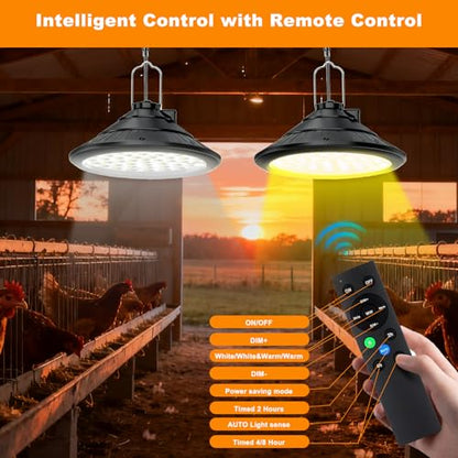 2-Pack Solar Chicken Coop Light with Timer, Barn Light for Horse Arenas, Pig Farms | 3-Mode Spectrums, IP66 Waterproof & 22ft Cord | Outdoor Lighting for Stables, Goat Sheds, Poultry Coop