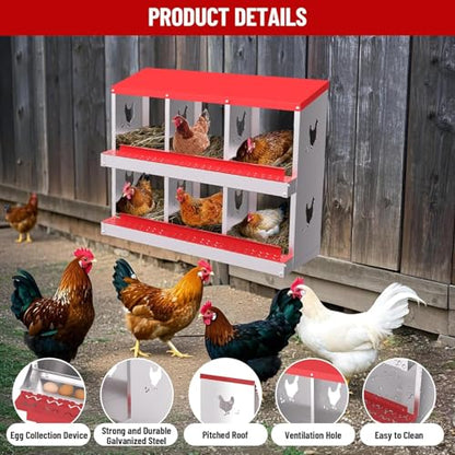 Chicken Nesting Box, 6 Compartment Metal Chicken Nesting Boxes for Chicken Coop, Large Vented Holes Chicken Laying Boxes with Rollout Egg Collection, Wall Mount Chickens Coops - color: Red, size: 6 Holes