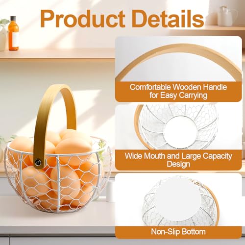 2PCS Wire Egg Baskets for Gathering Fresh Egg With Handle, Farmhouse Round Metal Egg Collecting Basket, Rustic Eggs Holder Basket for Kitchen Countertop (White)