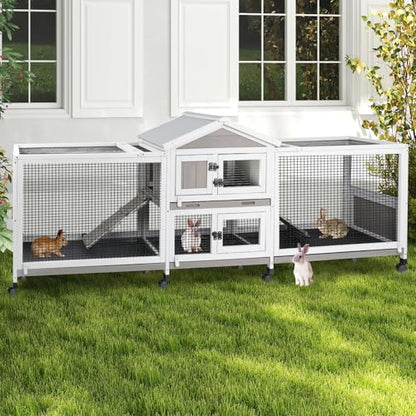 PetsCosset Double Rabbit Hutch Outdoor Indoor Large Bunny Cage with Dual Side Runs, 2-Story Wooden Hutch with 4 Leak Proof Trays, 8 Wheels, Waterproof Roof, Ramp, for Small to Medium Animals - size: 93.0"L x 22.1"W x 35.0"H