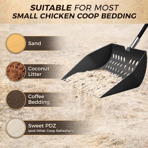 Chicken Poop Scooper & Rake 3 in 1 - Aluminum Alloy Chicken Coop Scoop & Snap-Lock Telescoping Adjustable Handle (16 to 44”), Sand Sifter Shovel for Small Farm Animals US Patent Pending (Sable Black) - color: Sable Black