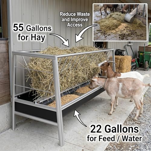 Elevated Goat Feeder, 77 Gallon Stainless Steel Livestock Feeder, 2-in-1 Hay Rack & Rubber Trough, Anti-Waste Hay Feeder for Goats, Calves, Horses, Use in Pasture, Feedlot, Sheep Shed