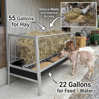 Elevated Goat Feeder, 77 Gallon Stainless Steel Livestock Feeder, 2-in-1 Hay Rack & Rubber Trough, Anti-Waste Hay Feeder for Goats, Calves, Horses, Use in Pasture, Feedlot, Sheep Shed