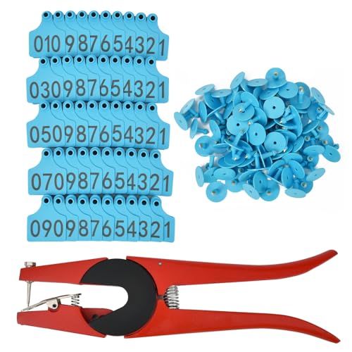 50 Numbered Cattle Ear Tags Large Animal Identification Tags TPU Livestock Ear Tag for Cattle Cow Horse Hog Pig Goat Sheep Applicator Kit (001-050 Blue)