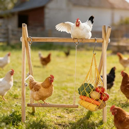 Chicken Perch & Swing Set for Coops, Wooden Roosting Bars with Feeding Net, Easy Assemble Chicken Coop Accessories for Backyard Poultry