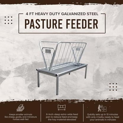 Rugged Ranch Products 4 Foot Long Outdoor Heavy Duty Mini Galvanized Steel Pasture Hay Feeder for Goats, Sheep, and Miniature Horses, Silver