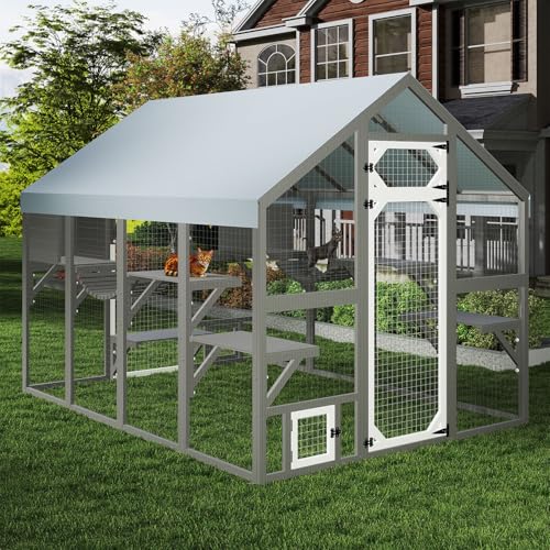 Ketive Extra Large Catio Outdoor Cat Enclosure for Multiple Cats, Wooden Walk-in Cat House with 2 Bridges, Window Connection, 2 Resting Boxes, 8 Platforms, Walks and Weatherproof Roof Cover - size: 69.7"L x 94.5"W x 70.9"H