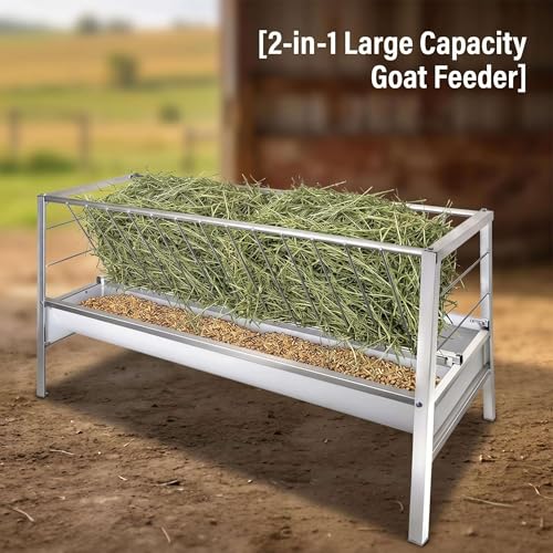Outdoor Galvanized Goat Feeder, 2-in-1 hay Feeder and Enclosed Feed Trough Combo, Weather-Resistant Steel Rack for Goats and Sheep, Holds 55 Gal Hay for Small Farms - color: white