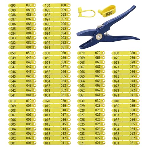 Livestock Ear Tags for Sheep 001-100 Number Plastic Goat Tag Animal Identification with Punch Applicator Plier Tools for Goats Sheep Pigs (Yellow, 001-100) - color: Yellow