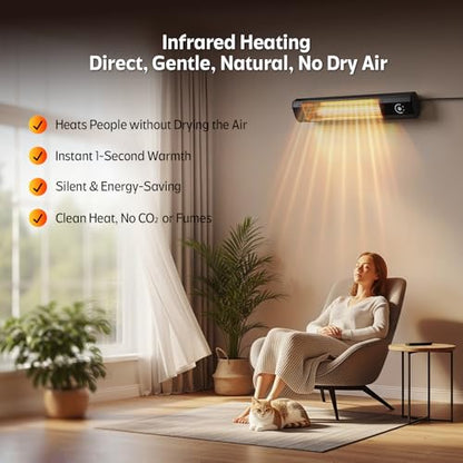 Wall-Mounted Electric Patio Heater, 34" 1500W Infrared Heater With Motion Sensor, IPX5 Waterproof, 9 Heat Level & 9H Timer, Indoor & Outdoor Heaters for Patio, Backyard, Garage, and Decks