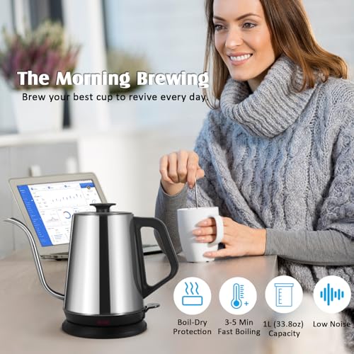 1L Electric Gooseneck Kettle, Tea Kettle for Boiling Water, Gooseneck Electric Kettle for Coffee & Tea, Fast Boiling for Pour Over, Auto Shut-Off, Boil-Dry Protection, 360° Rotational Base - Silver - color: 1.0L Silver