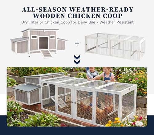 Gowoodhut Outdoor Chicken Coop Wooden Hen House with Run for 2-4 Chickens Hens Coop for Backyard Weatherproof Roof, Nesting Box, Roosting Bar, Pull-Out Tray for Small Pets Rabbit (COOP84+RUN88) - size: 106.0"L x 29.5"W x 28.5"H