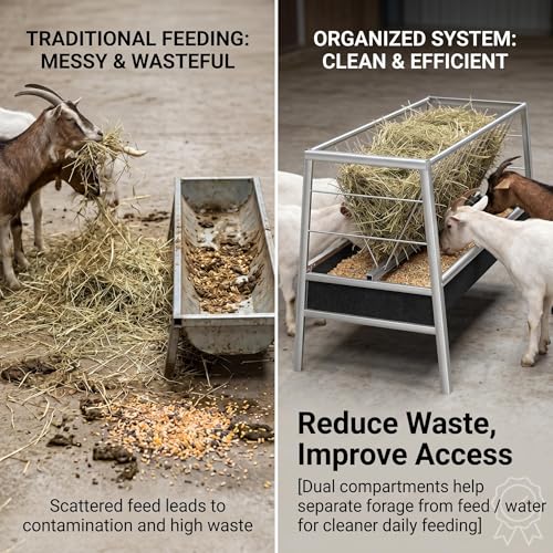Heavy Duty Goat Feeder, 77 Gallon Stainless Steel Livestock Feeder, Anti-Waste Hay Feeder with Rubber Trough, 33.4 Inch Height for Goats, Calves, Sheep, Use in Barn, Pasture, Pigsty