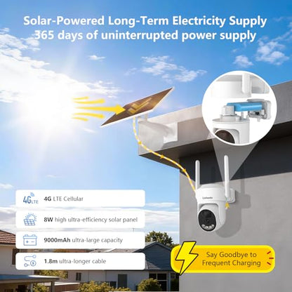 4G LTE Cellular Security Camera No WiFi Needed, Solar Powered Outdoor Security Camera with 2.5K Color Night Vision, PIR Motion Detection, Two-Way Audio, 350° PTZ, for Farm Barn Jobsite Cabin Remote
