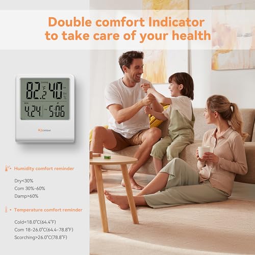Indoor Thermometer, Room Thermometer and Hygrometer with Clock, Temperature and Humidity Meter with Clock, Double Comfort Indicator, Time, Date(White) - color: White