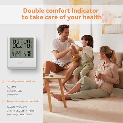 Indoor Thermometer, Room Thermometer and Hygrometer with Clock, Temperature and Humidity Meter with Clock, Double Comfort Indicator, Time, Date(White) - color: White