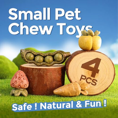 TEEWY 4PCS Guinea Pig Toys, Hamster Chew Toys, Natural Plant-Based Guinea Pig, Hamster, Rat & Chinchilla Toys for Teeth Grinding and Play - style: 4PCS-Fruit & Vegetable