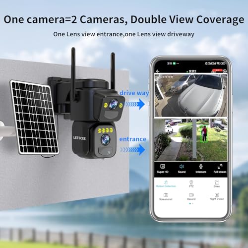 LETSCEE Dual Lens Security Cameras Wireless Outdoor，Solar Cameras for Home Security，Motion Detection,Night Vision,No Month Fee,IP65 Water Proof - color: 4 PACK