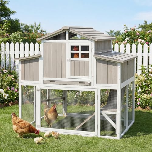 Ketive Outdoor Wooden Chicken Coop for 2–4 Chickens, 2-Tier Design Elevated Hen House with Dual Nesting Boxes, Slide-Out Tray, Reinforced Frame, Expandable Run, Expandable Run Connection, Grey - color: Grey, size: 52.4"L x 35.2"W x 52.8"H