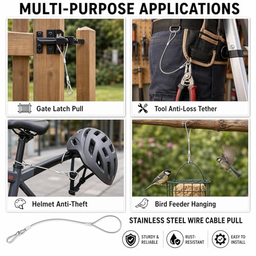 Gate Latch Cable Pull, Heavy Duty Stainless Steel Gate Opener Cable, Rust-Proof Fence Latch Release Cord Replacement for Outdoor Wooden Fences, Yard & Garden Gates (4, Silver) - size: 4 Pack