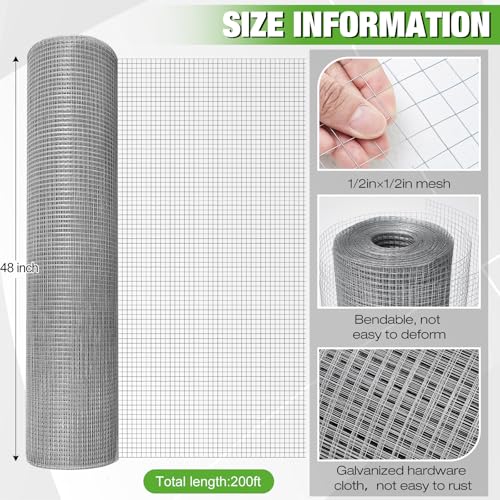 Tatuo Hardware Cloth 1/2 Inch 48in x 200ft Hot Dip Galvanized After Welded Cage Mesh Rolls 21 Gauge Metal Chicken Wire Mesh Roll Wire Fencing Poultry Netting for Raised Garden Rodent Animals - color: Silver, size: 48in X 200ft