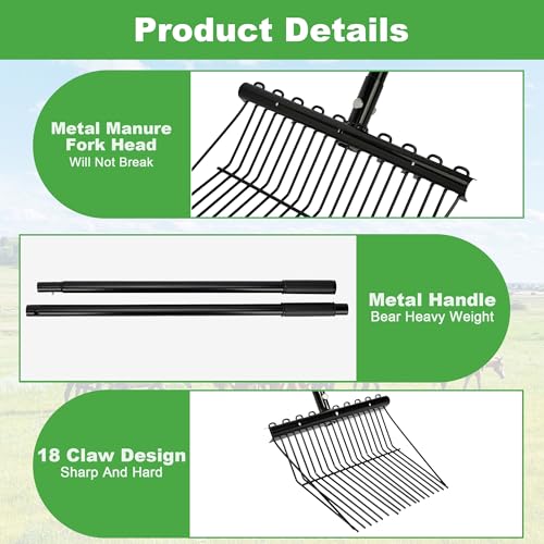 lukar 2 Sets Metal Manure Fork with Long Metal Handle, 18 Tines Manure Fork Head Horse Manure Rake, Heavy Duty Gardening Muck Rake for Picking Up Manure, Grass and Hay