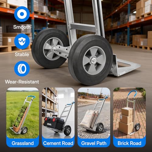 Heavy Duty Aluminum Hand Truck – 550 lbs Capacity, Ergonomic Curved Handle, 10" Solid Rubber Wheels, Beveled Nose Plate for Easy Loading & Transport